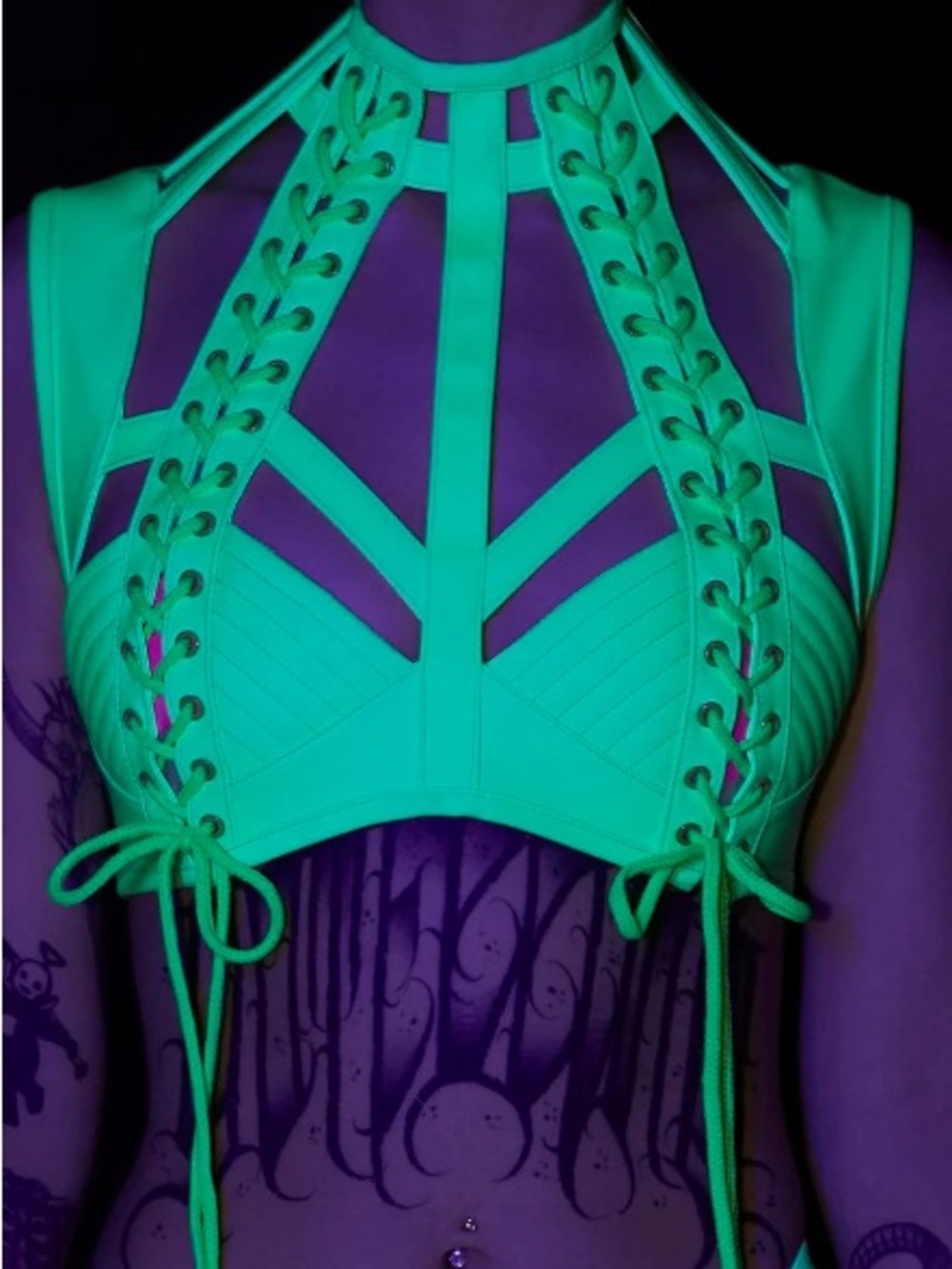Dolls Kill Club Exx RUDE AWAKENING HARNESS BRA TOP - GLOW IN THE DARK
